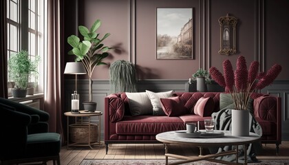 Obraz premium Living room interior, burgundy velvet couch with cushions, generative ai