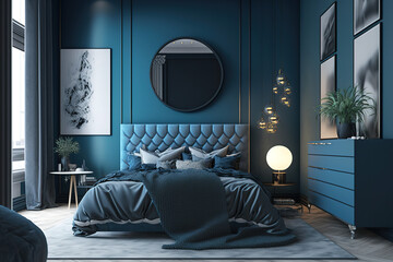 Stylish bedroom interior in trendy blue