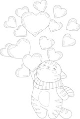 Cartoon cat wearing scarf with hearts sketch template. St. valentine's day graphic vector illustration in black and white for games, background, pattern, decor. Coloring paper, page, kids story book 