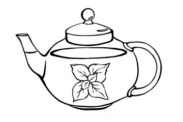 Transparent tea pot with mint leaves inside black and white outline illustration Mint tea