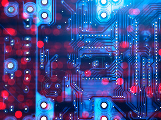 Digital board. Computer board close-up. Fragment blank for manufacture of PCB. Concept production of digital circuit boards. PCB background. Motherboard with bokeh effect. Tech background. 3d image