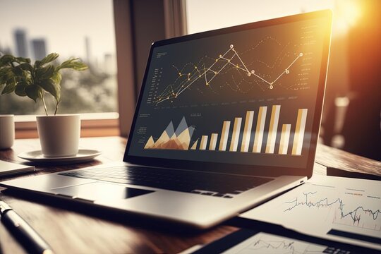 Analytical digital art: Laptop on wooden desk with gold Power BI dashboard 