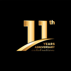 11th Anniversary. Anniversary logo design with golden number and text for anniversary celebration event, invitation, wedding, greeting card, banner, poster, flyer, brochure. Logo Vector Template