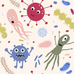 Cute Microorganism seamless pattern. Infectious germ, protist, microbe. Disease causing bacteria, viruses. Bright colored cartoon kids print