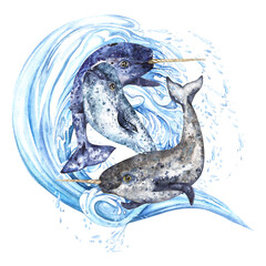 Composition of arctic narwhals in blue gray on the background of a blue wave with splashes. Watercolor illustration with expressed texture isolated on transparent background © Marina