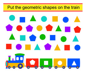 Educational material for kids. Put the geometric shapes on the train. Vector illustration