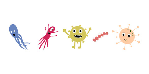 Cute Microorganism isolated on white background. Infectious germ, protist, microbe. Disease causing bacteria, viruses. Bright colored cartoon kids vector illustration.