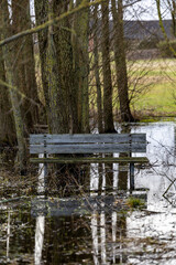 Bronderslev, Denmark  A park bench is inundated by a pool of water.