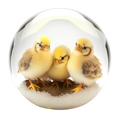 cute chickens in glass ball, isolated on transparent background cutout, generative ai.