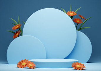 3d spring background with flowers and podium