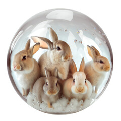 cute bunnies in glass ball, isolated on transparent background cutout, generative ai.