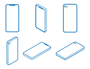 Six angles 3d cellphones set - Line art, blank screen