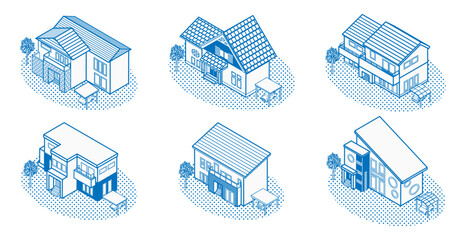 Set of isometric line art residential house, Six types variation