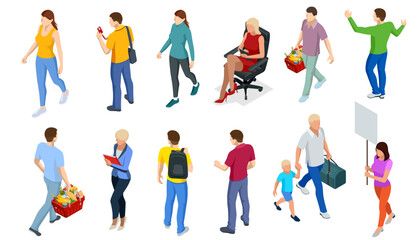 Different isomeric people icons set. People meeting, discussing, grocery shopping, travel, business and psychology