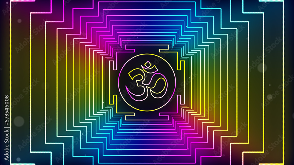 Poster abstract colorful glowing light omkara devanagari symbol in sacred geometric square neon lines frame