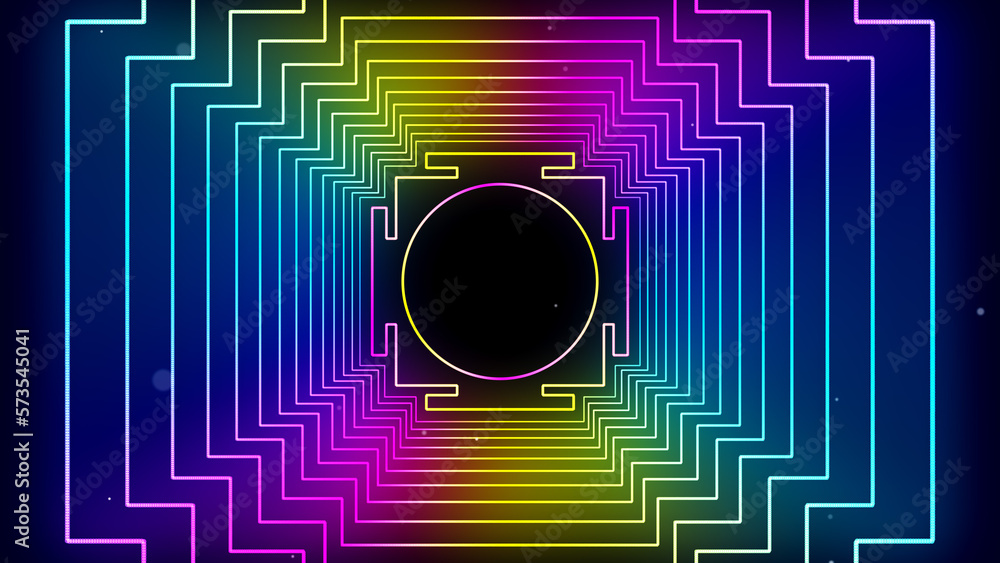 Poster abstract colorful glowing light sacred geometric square shape neon lines frame with glitter bokeh pa