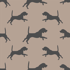 Running and jumping english beagle puppy isolated on a brown background. Seamless pattern. Endless texture. Design for wallpaper, fabric, template.