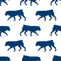 Walking central asian shepherd dog puppy isolated on a white background. Seamless pattern. Dog silhouette. Design for wallpaper, fabric, template.