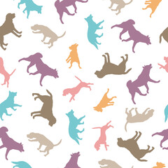 Dogs different colors isolated on a white background. Seamless pattern. Endless texture. Design for fabric, decor, wallpaper, wrap, surface design.