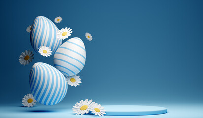 3d Happy Easter banner with little kawaii white rabbit with podium