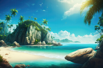 Obraz na płótnie Canvas Blue tropical island in ocean background. Illustration AI Generative