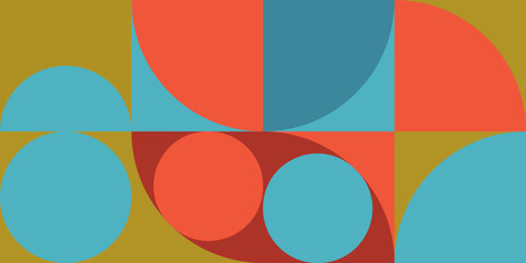 Modern vector abstract  geometric background with circles, rectangles and squares  in retro Scandinavian style. Pastel colored simple shapes graphic pattern.