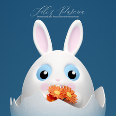 3d Happy Easter banner with little kawaii white rabbit with big blue eyes