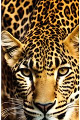 Fototapeta premium A closeup portrait of a leopard on a hunt ready to attack. Generative AI