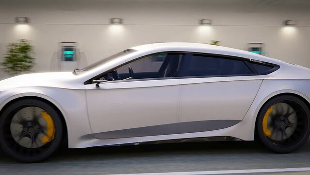 Electric generic modern self driving car driving out of luxury charging park garage. Renewable energy and ecological transportation concept. Realistic 3d rendering of autonomous EV parking space