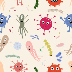 Obraz na płótnie Canvas Cute Microorganism seamless pattern. Infectious germ, protist, microbe. Disease causing bacteria, viruses. Bright colored cartoon kids print