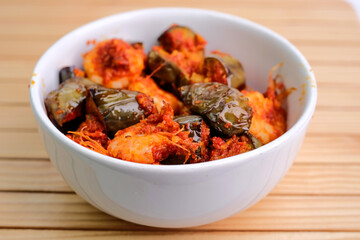 Indonesian traditional eggplant and prawn sauce