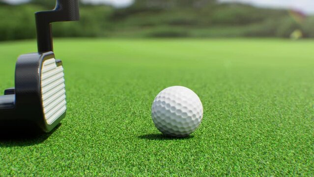 Golf Club Hitting the Ball Softly Close-up in Slow Motion 3d Animation. Putter Puts Ball into the Hole. Illustration of Abstract Final Hit Putt. Green Grass on the Golf Course. Sport Concept 4k.