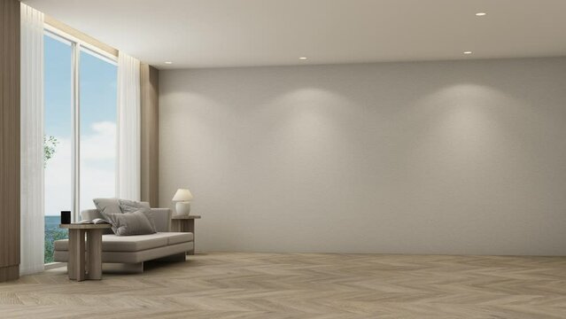 build a living room interior mock up and expensive with wood materials in a modern minimalist style with seating, furniture on wooden parquet floor and windows at the sea. 3d rendering animation loop