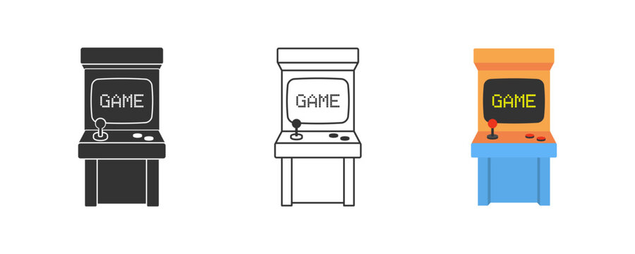 Retro arcade game machine. Retro style. 80's console pixel game, vintage. Classic 8-bit game. Outline, flat and colored style. Vector illustration.
