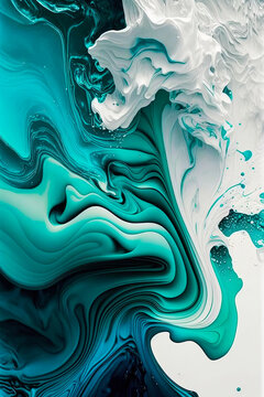 Fototapeta Amazing and elegant bright & colorful fluid liquid paint iphone, samsung, apple vertical wallpaper in a teal, blue & white abstract color scheme, painting (generative ai) 3d render 