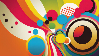 Abstract retro background full of bright saturated colors. with circles. Ai generated.