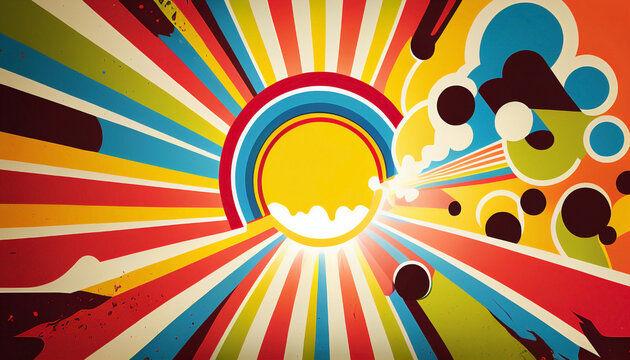 Retro background full of bright saturated colors with a large yellow rising sun in the center of the image. Ai generated.
