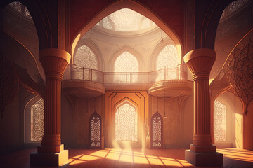 an elegant illustration of a mosque interior that showcases the intricate details and patterns found in Islamic architecture. Generative AI