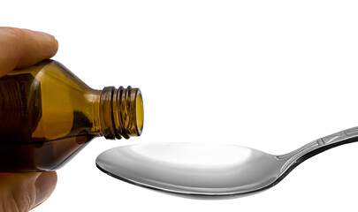 Liquid from a bottle pour in a spoon. Medicine concept. png transparent