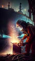 Skillful metal worker working with plasma welding machine in shipyard while wearing safety equipment. Metalwork manufacturing and construction maintenance service by manual skill labor concept.