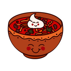 Traditional Ukrainian cuisine. Red borscht. Cute soup plate character. 