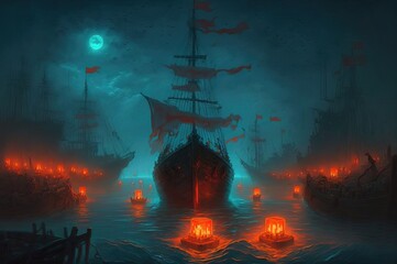 ship approache the pier of a dock at night medieval coastal town. Fantasy scenery, Novel Illustration, Generative AI