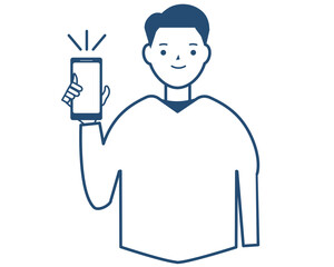 スマホの画面を見せる笑顔の男性。アプリ モバイル 説明。ベクターイラスト