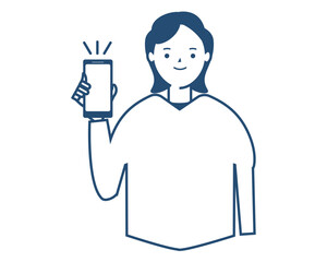 スマホの画面を見せる笑顔の女性。アプリ モバイル 説明。ベクターイラスト