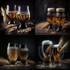 two beer glasses with barley malt on black wooden background, collage, AI Neural Network Generated image, Generative AI
