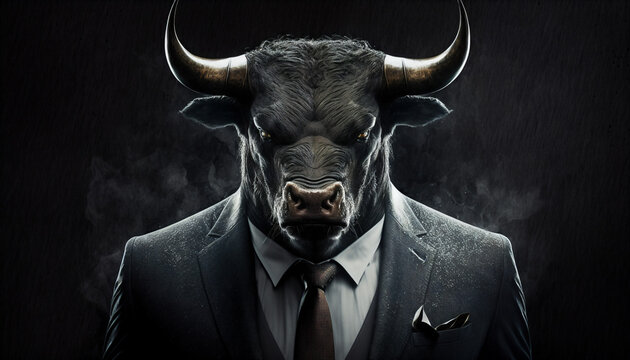 Portrait of bull dressed in a business suit on isolated background. Generative AI