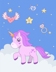 Cute unicorn standing on the cloud with star in the sky. Vector design illustration.