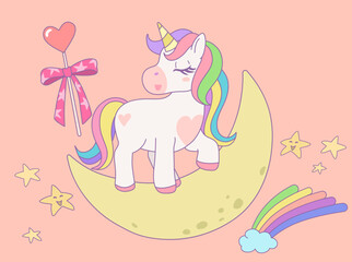 Cute rainbow unicorn standing with eyes closed on the moon in the sky. Vector design illustration.