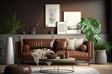 Home interior mock-up with brown leather sofa, table and decor in living room