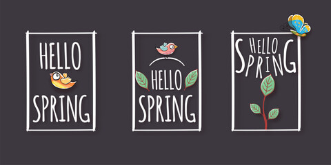 Hello spring frame set with spring birds and flowers on grey background. Hello spring clip art simple cut paper style illustration design template